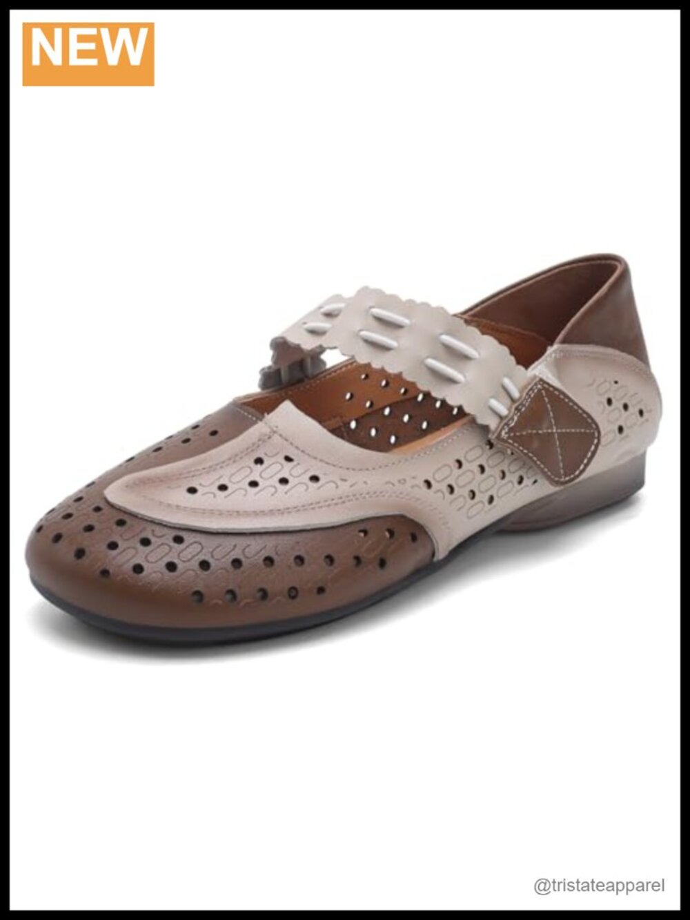 Women's Mary Jane Leather Flats Comfort Closed Toe Adjustable Strap Non-Slip